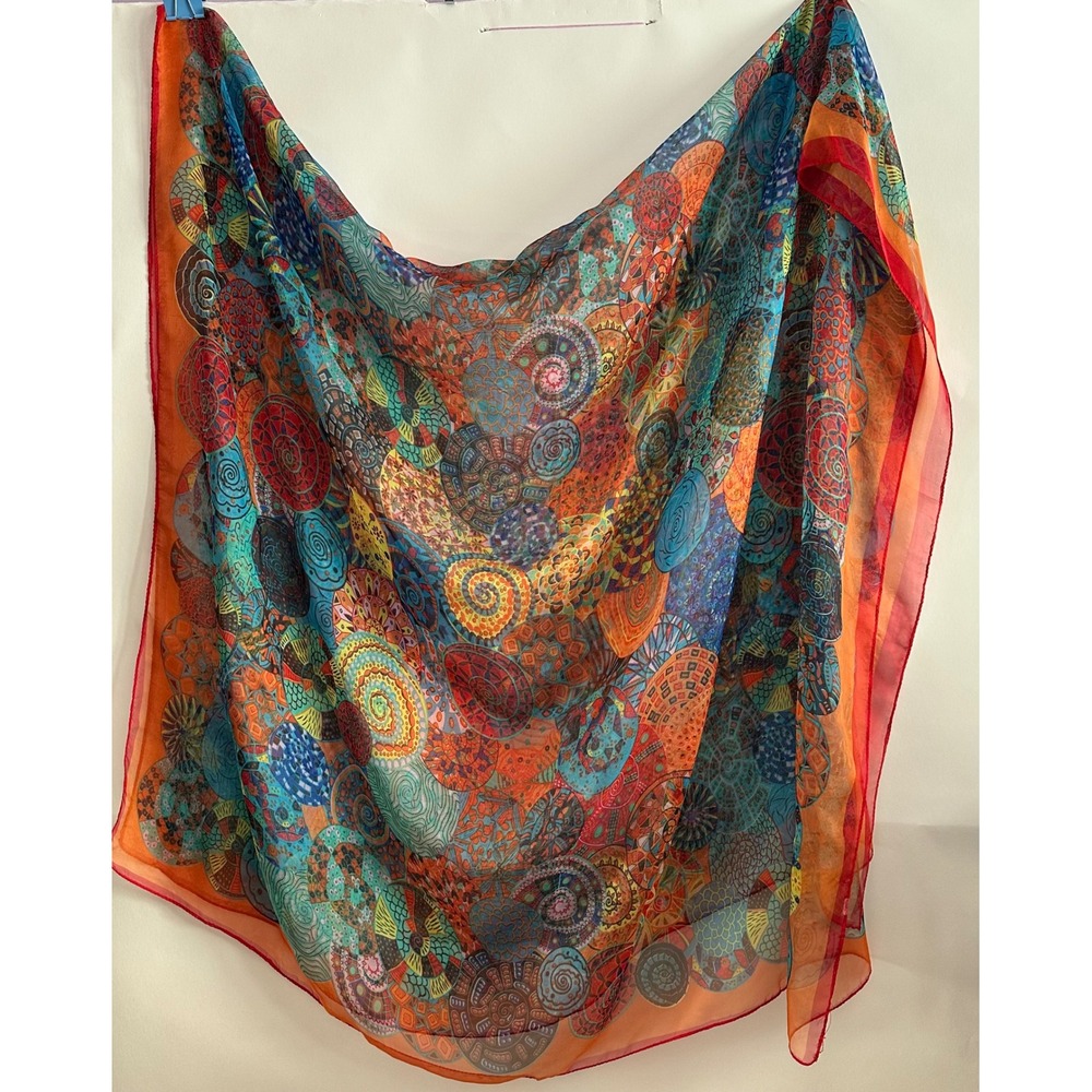 Boho Mandala Geometric Spiral Print Oversized Square Scarf Orange Turquoise